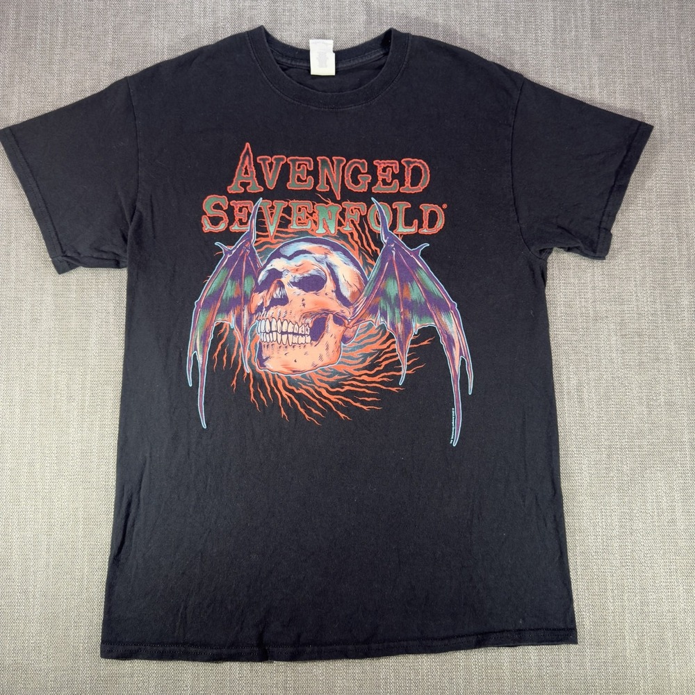 Avenged Sevenfold Shirt Mens Medium Black Skull Bat Wings Graphic Tee Gildan